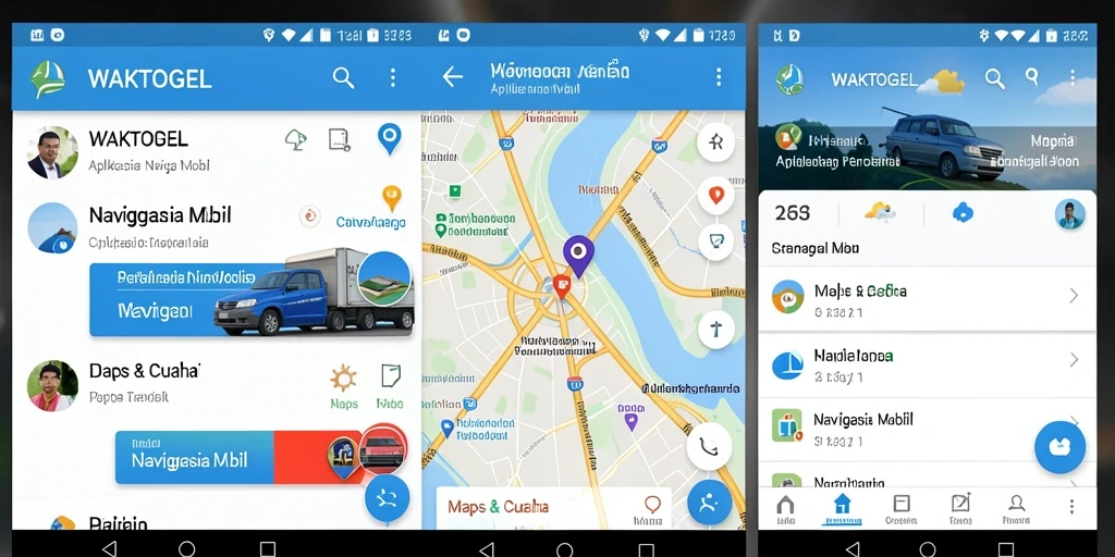 Tampilan antarmuka aplikasi WAKTOGEL untuk navigasi mobil dengan fitur cuaca.